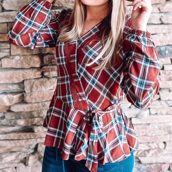 Plaid Surplice Tie-Waist Long Sleeve Top - Picture 2 of 7